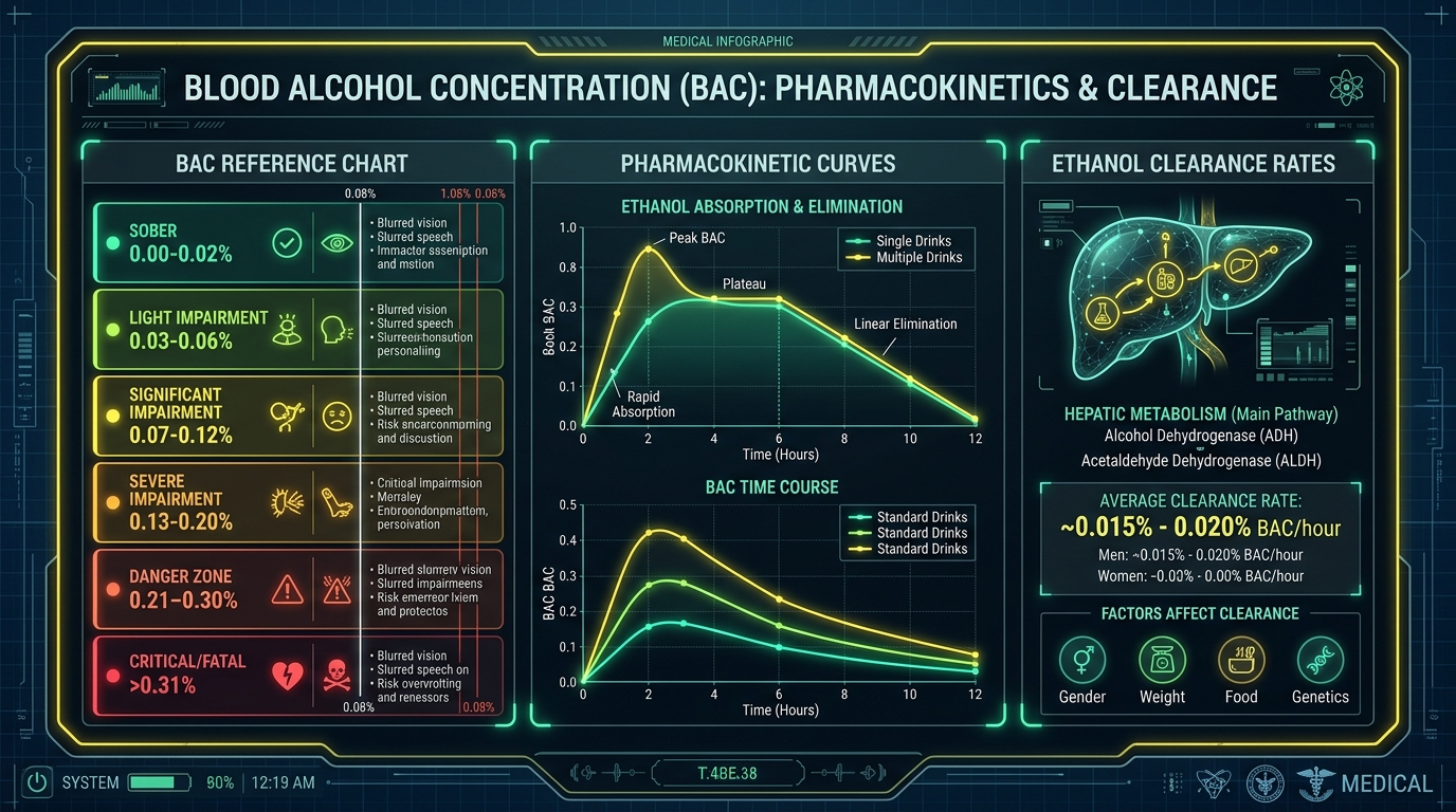 Medical infographic displaying blood alcohol concentration BAC reference chart, pharmacokinetic curves, and liver clearance rates