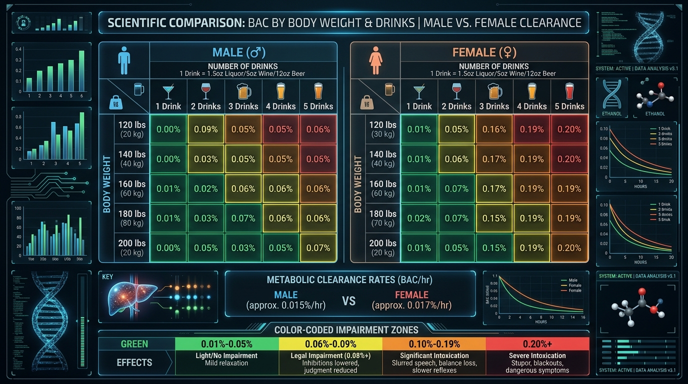 Scientific comparison matrix showing blood alcohol concentration BAC by body weight and drinks comparing male and female clearance